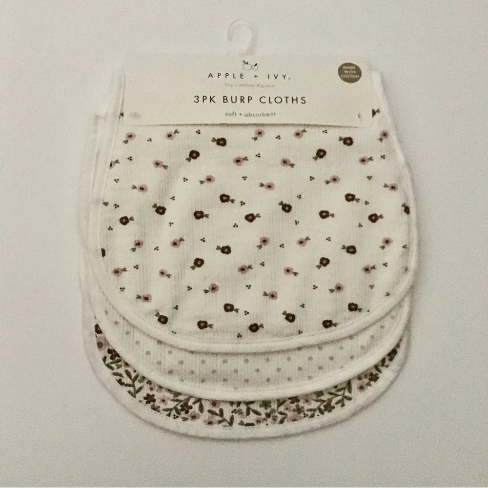 NEW Baby Burp Cloths 3pk Soft Absorbent Floral Polka Dots | Apple + Ivy